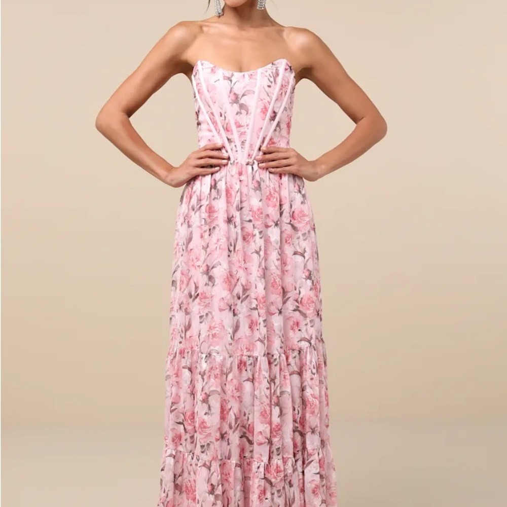 LULUS SPECIAL MOMENT PINK FLORAL STRAPLESS BUSTIER MAXI DRESS